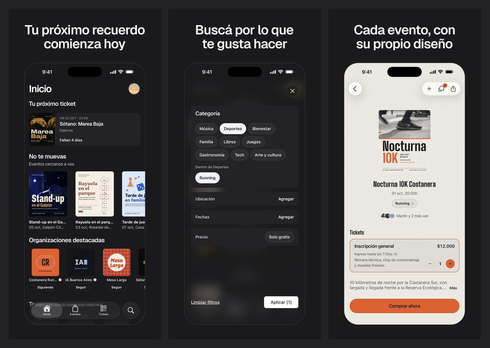 Tres pantallas de la app de Dogma, el inicio, los filtros por categoría y un evento con su propio diseño
