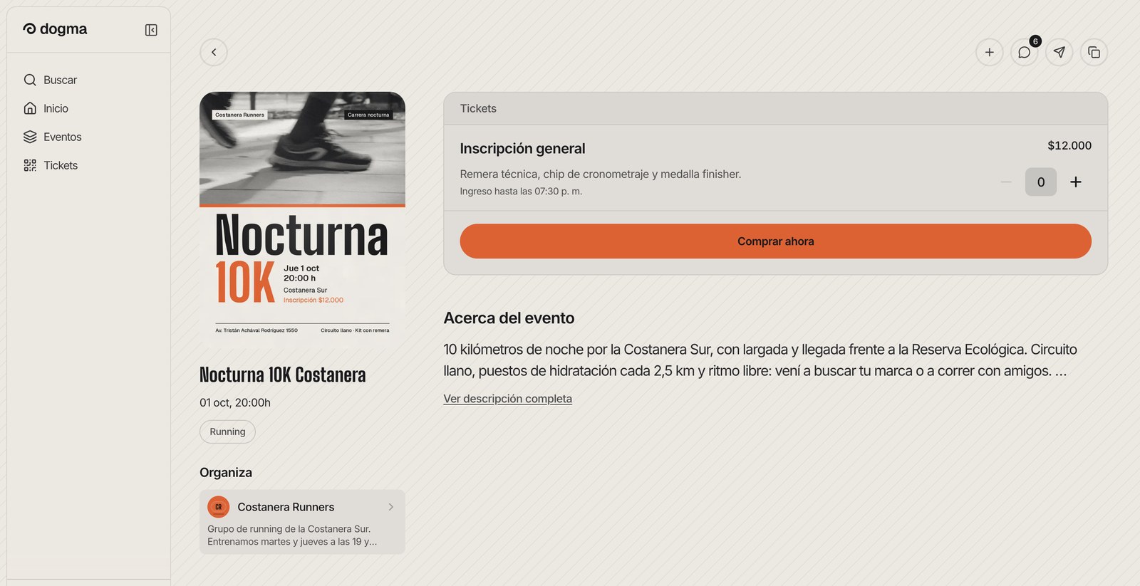 La página de una carrera nocturna con su propio diseño, en la web de Dogma