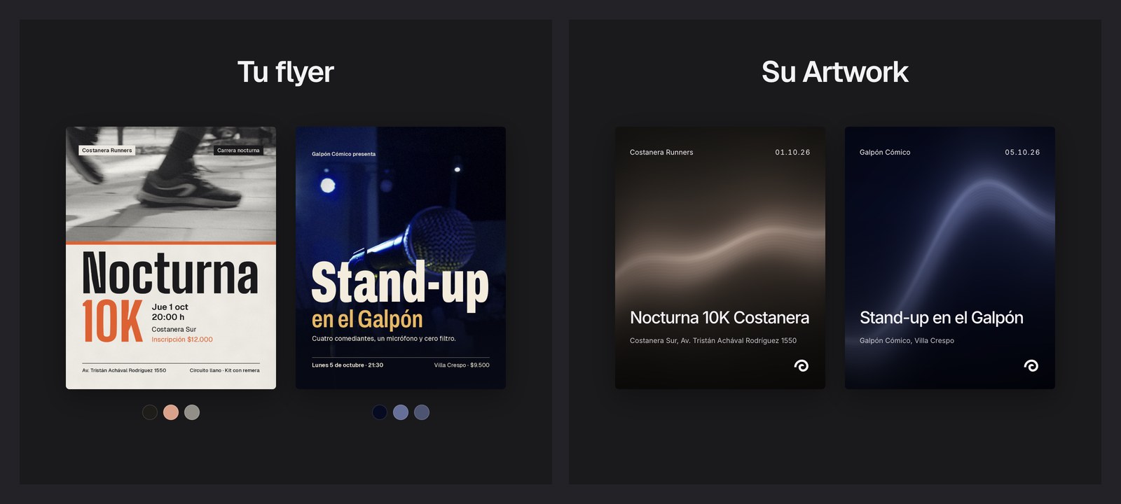 Dos flyers, una carrera nocturna y un stand-up, y los Artworks que salen de sus colores