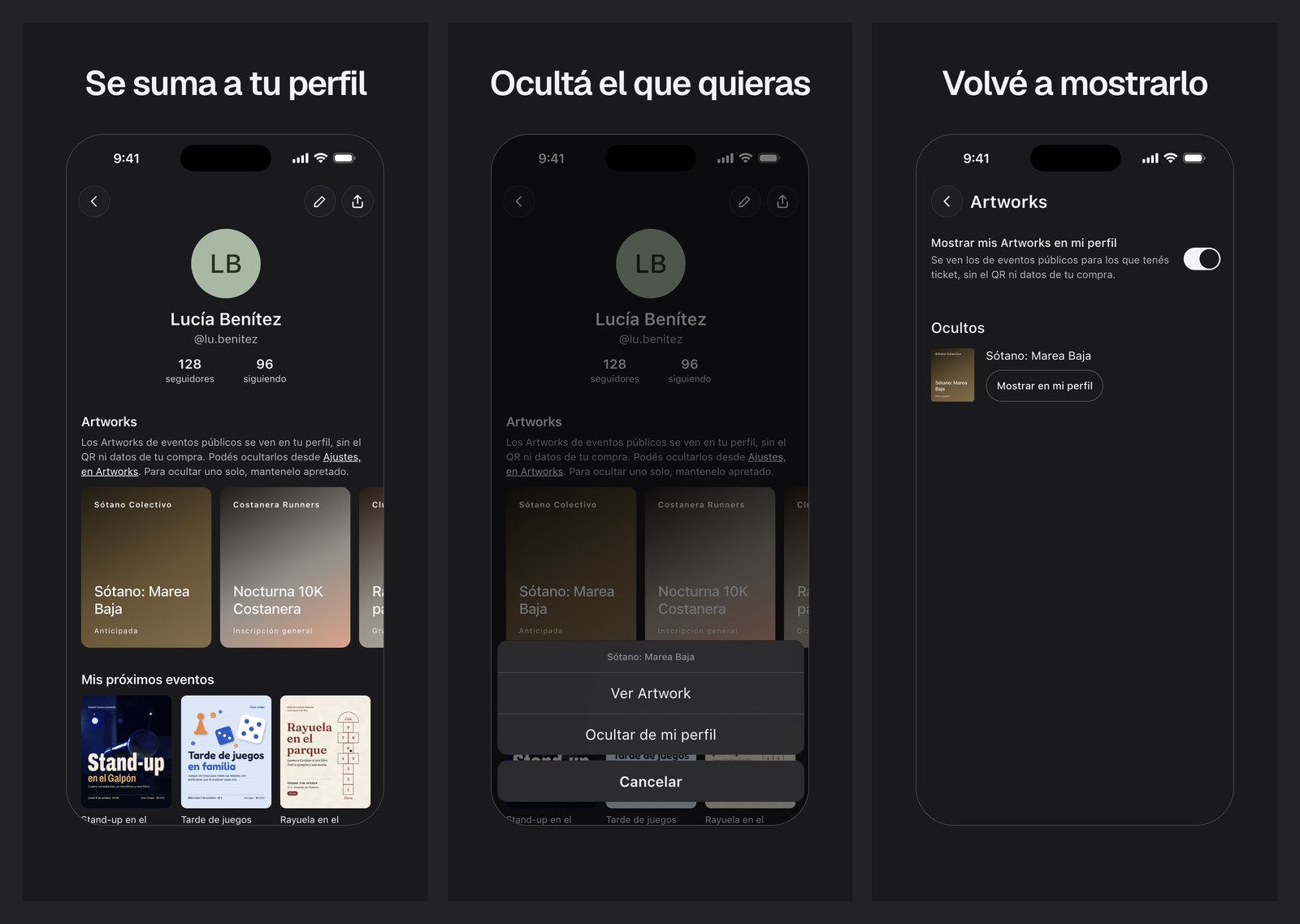 Un perfil con su colección de Artworks, el menú para ocultar uno y la pantalla Artworks de Ajustes con los ocultos