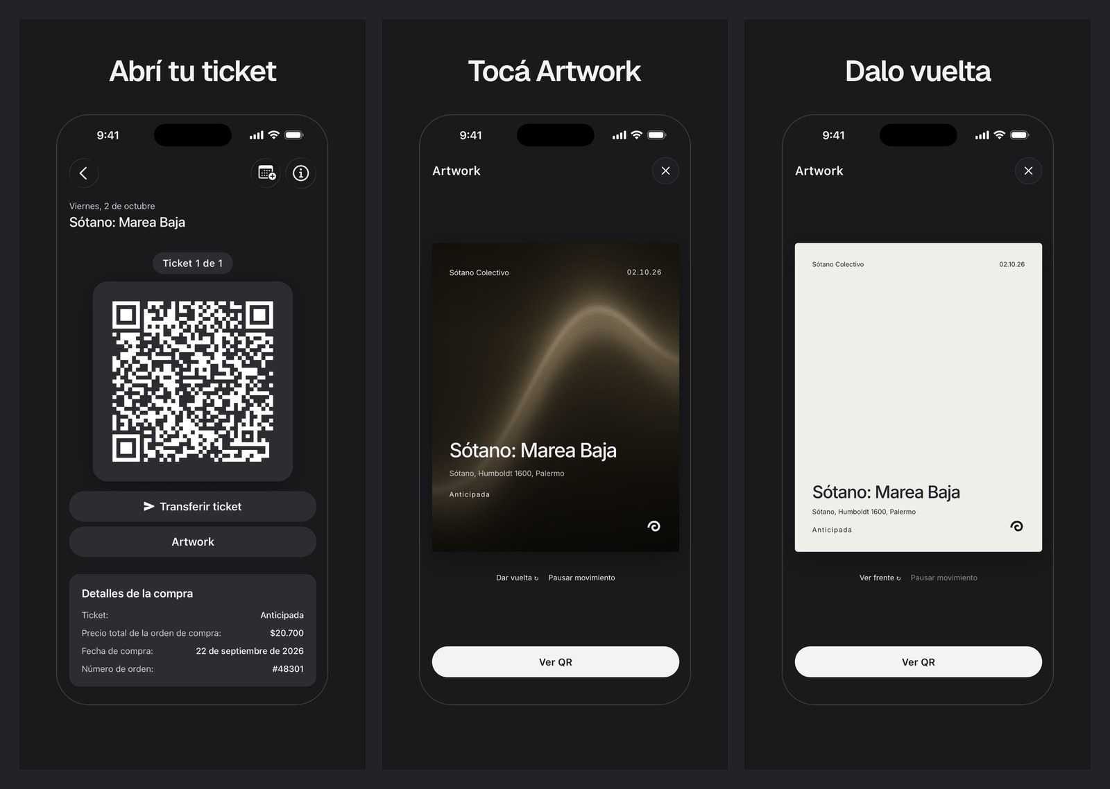 El ticket de Sótano: Marea Baja con el botón Artwork, el Artwork abierto y su reverso