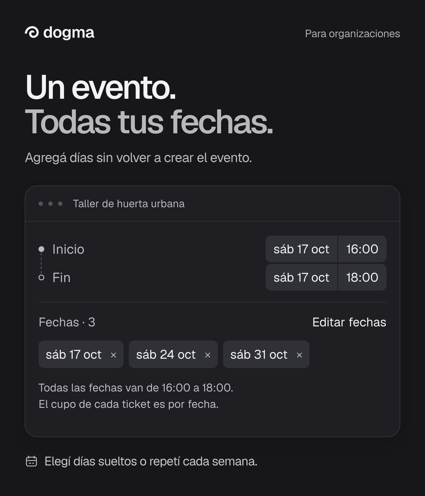 Ejemplo del editor de Dogma: un taller con tres sábados seleccionados, chips para quitar fechas y el mismo horario de 16:00 a 18:00. El cupo es por fecha.