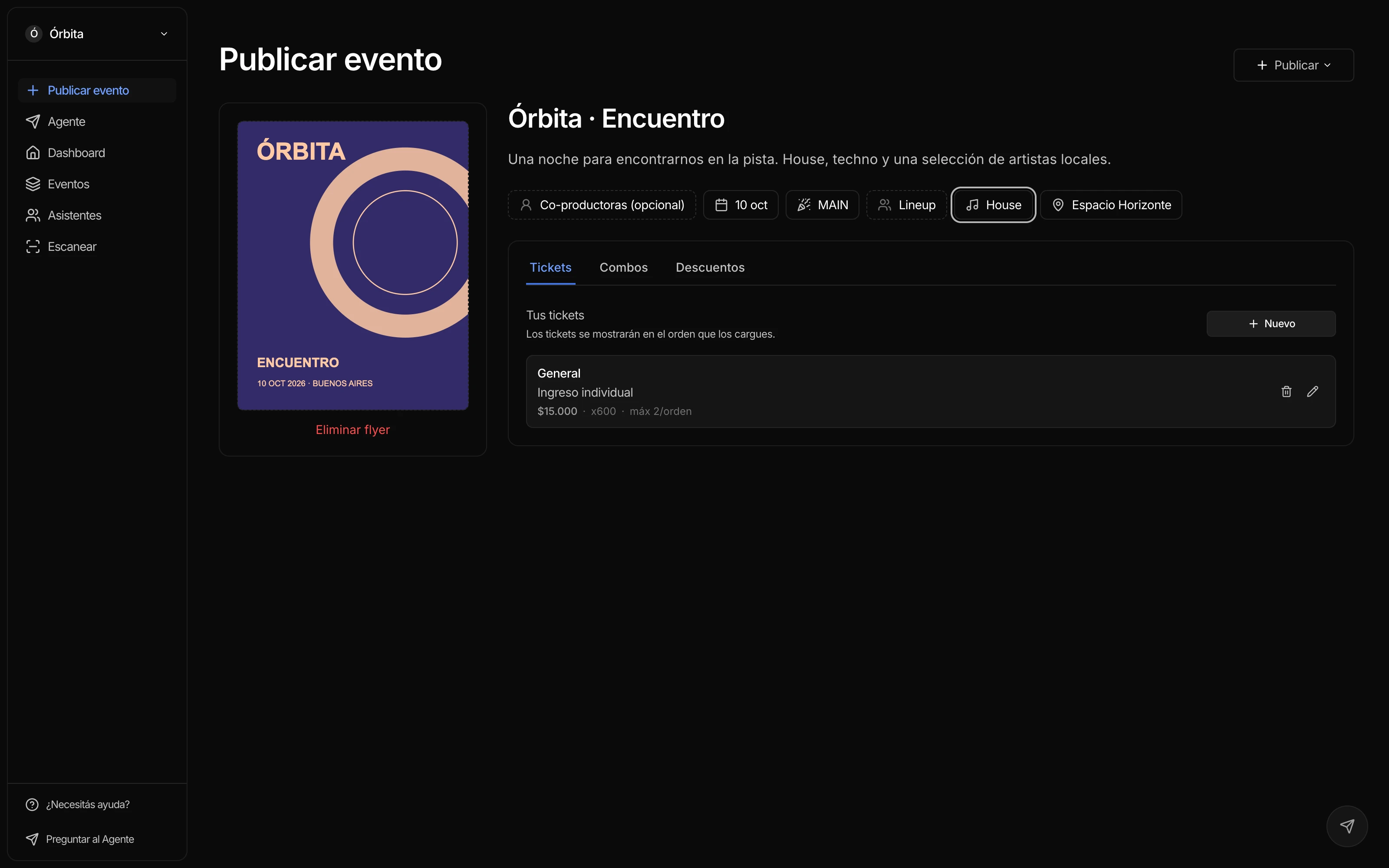 Formulario real para crear un evento en Dogma, con datos de demostración