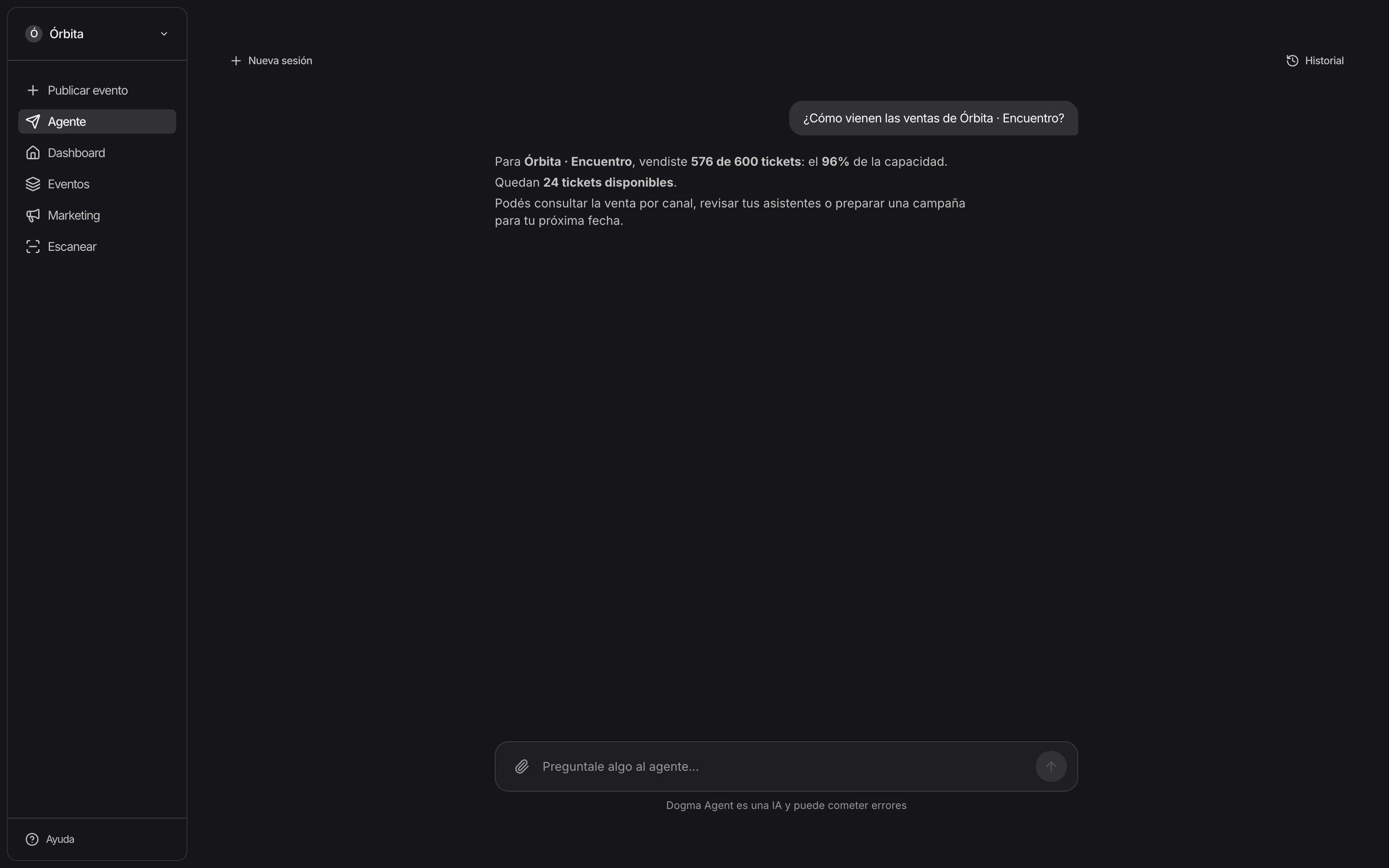 Conversación con el agente de Dogma en el panel de una organización de demostración