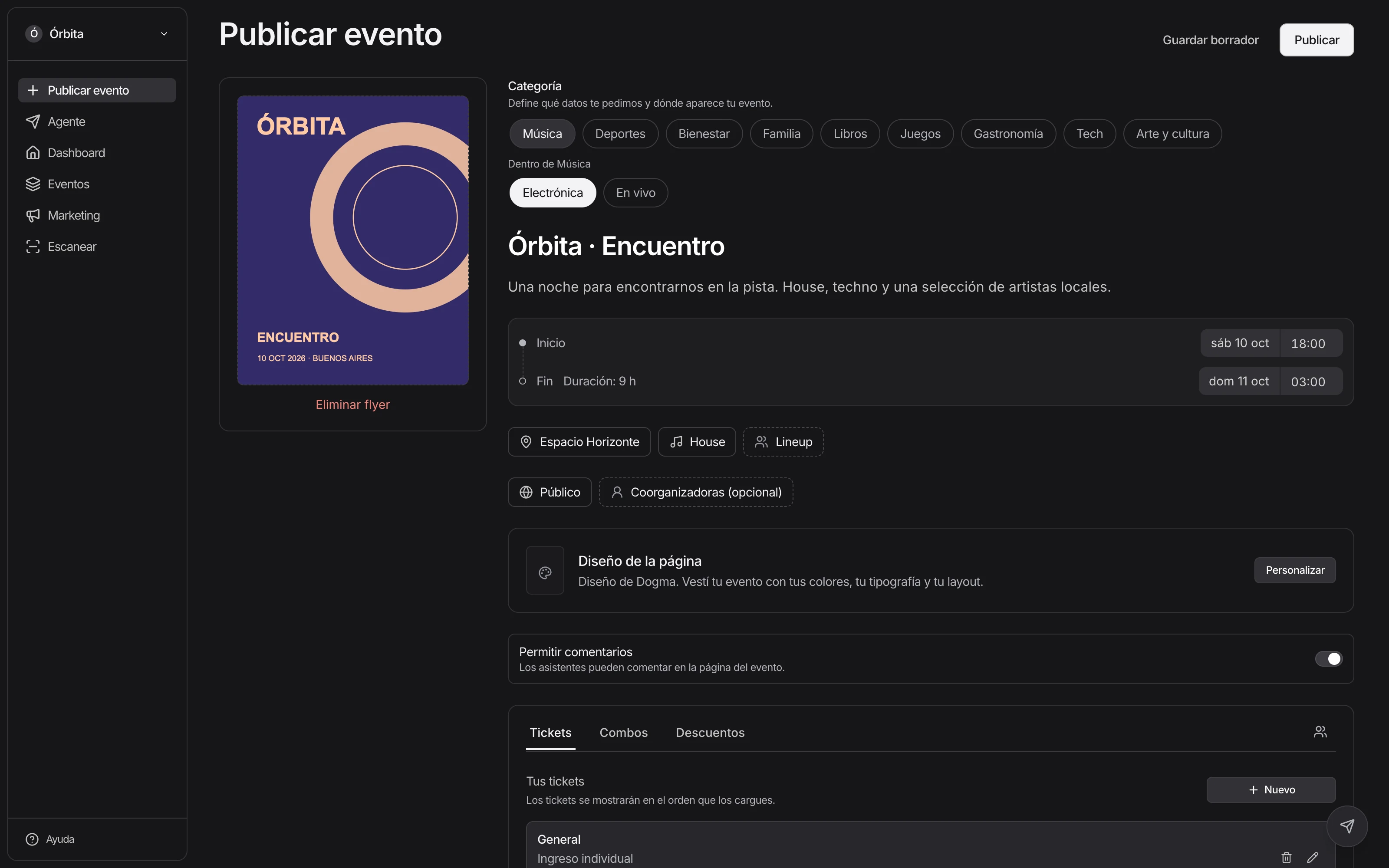 Formulario real para crear un evento en Dogma, con datos de demostración